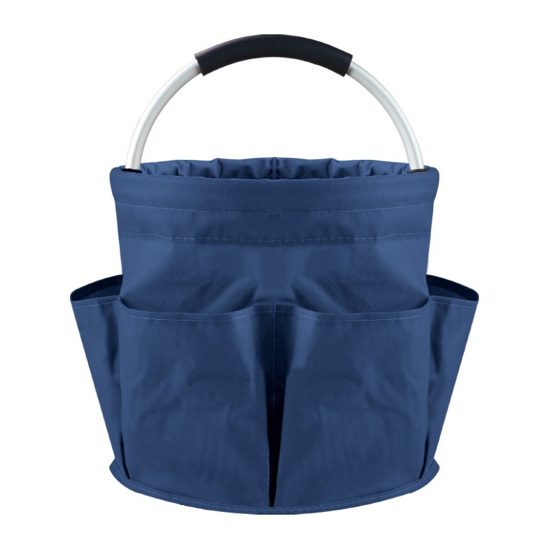 Blue Foldable Oxford Cloth Round Picnic Basket with Padded Metal Handle - 6 Pocket Large Capacity Storage Tote for Outdoor Beach and Shopping - Image 1