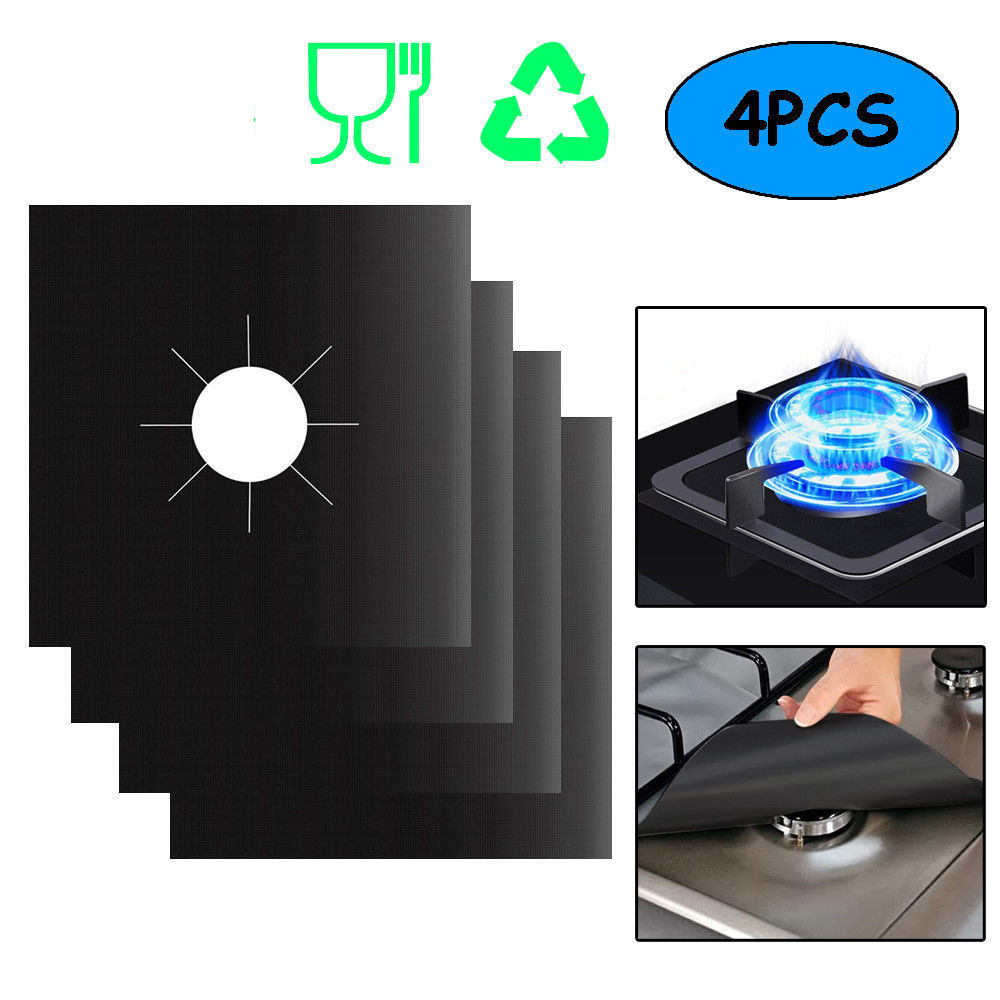 4-Piece Black Reusable Oil-Proof Teflon Stovetop Burner Liners - Cuttable, Non-Stick, Heat-Resistant & Dishwasher Safe Clean Pad - Image 1