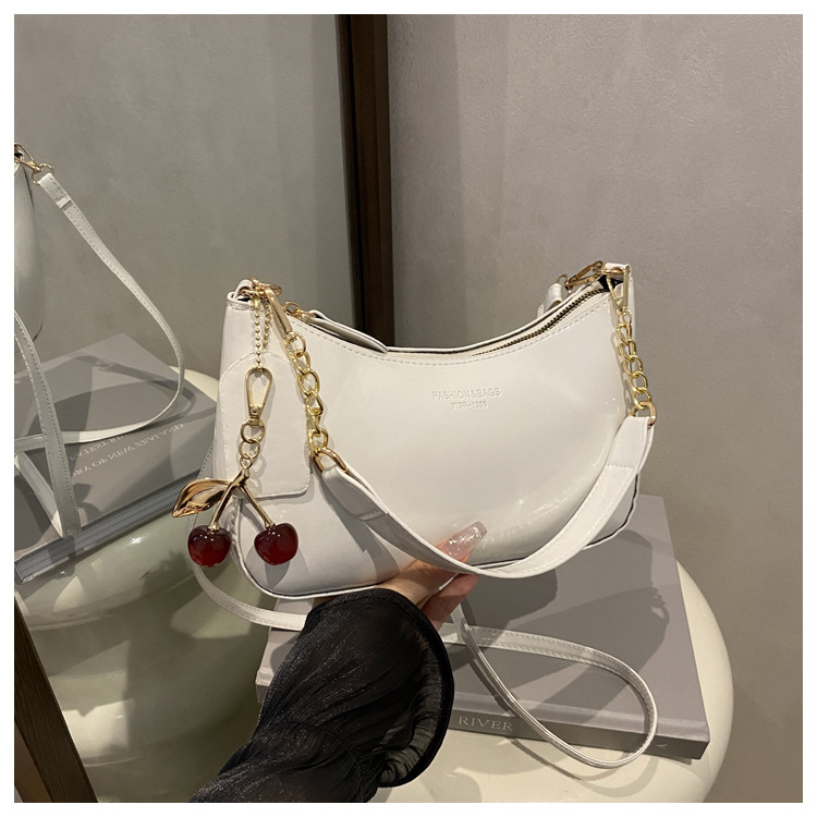 White Chic Glossy PU Leather Underarm Bag & Crossbody Purse with Cherry Charm - Versatile Handbag for Women - Image 1