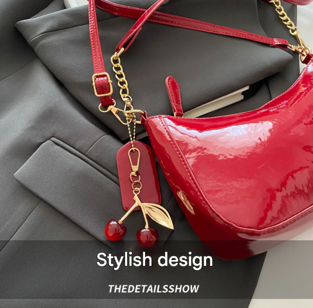 White Chic Glossy PU Leather Underarm Bag & Crossbody Purse with Cherry Charm - Versatile Handbag for Women - Image 2
