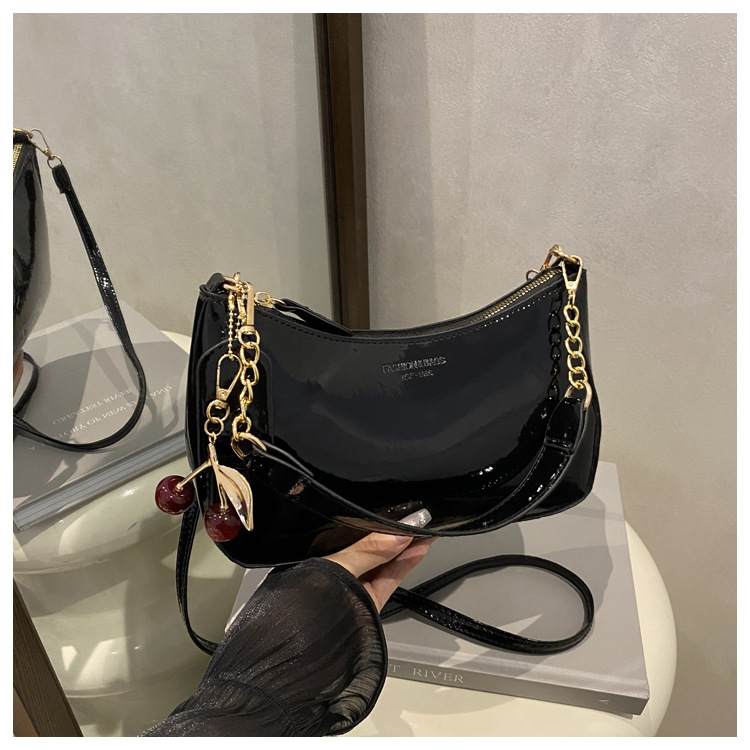 Black Chic Glossy PU Leather Underarm Bag & Crossbody Purse with Cherry Charm - Versatile Handbag for Women - Image 1