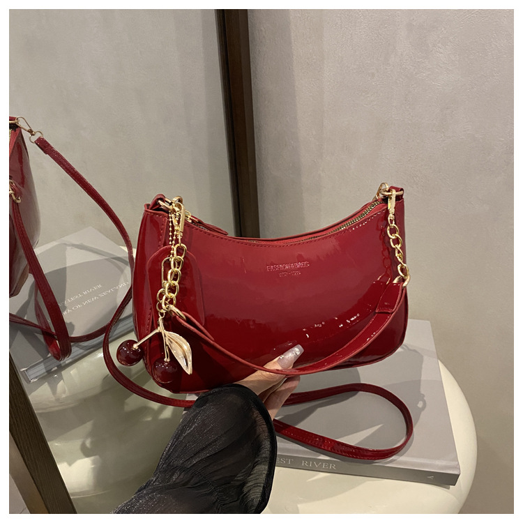 Red Chic Glossy PU Leather Underarm Bag & Crossbody Purse with Cherry Charm - Versatile Handbag for Women - Image 1