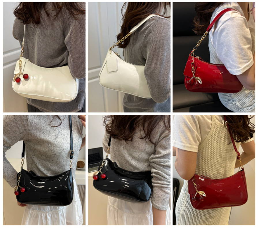 Red Chic Glossy PU Leather Underarm Bag & Crossbody Purse with Cherry Charm - Versatile Handbag for Women - Image 4