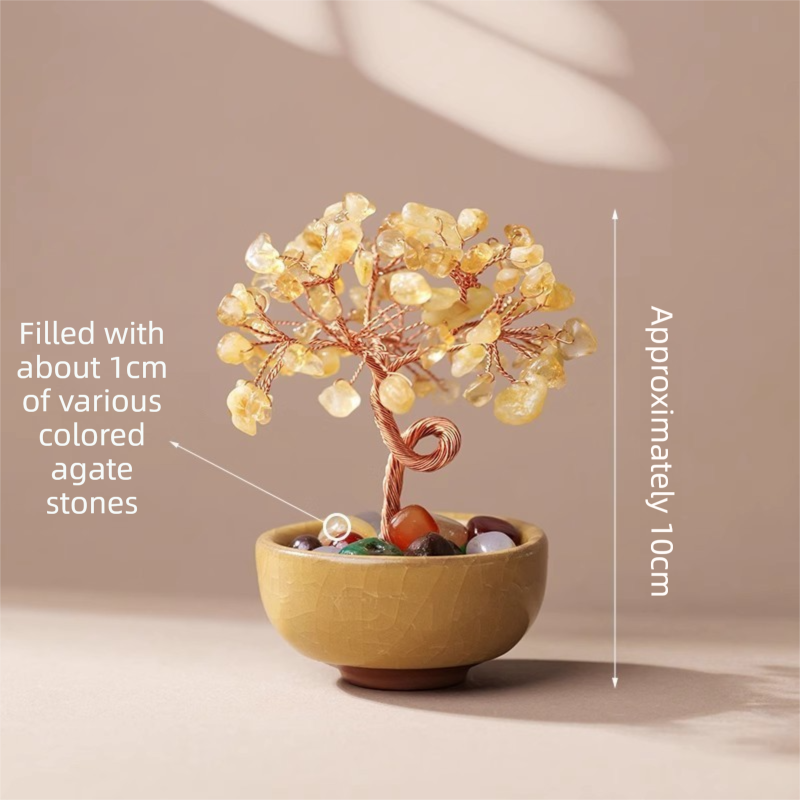 Natural Yellow Crystal Money Tree with Agate Basin & Adjustable Wire Branches - Desktop Feng Shui Decor for Wealth and Prosperity - Image 1