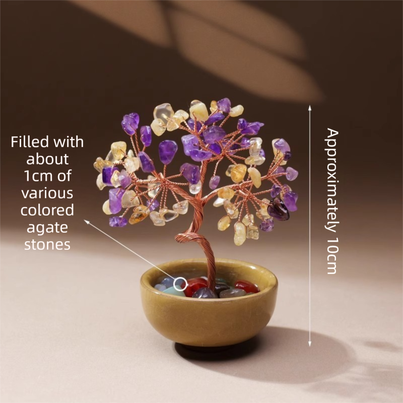 Natural Yellow-Purple Crystal Money Tree with Agate Basin & Adjustable Wire Branches - Desktop Feng Shui Decor for Wealth and Prosperity - Image 1