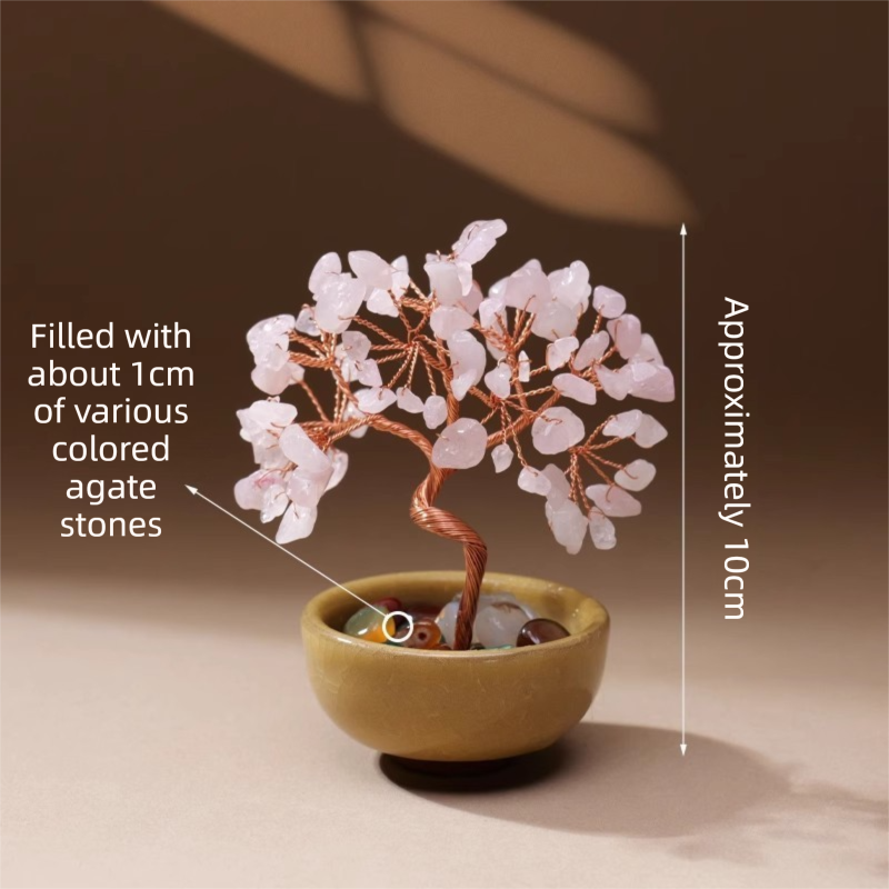 Natural Pink Crystal Money Tree with Agate Basin & Adjustable Wire Branches - Desktop Feng Shui Decor for Wealth and Prosperity - Image 1