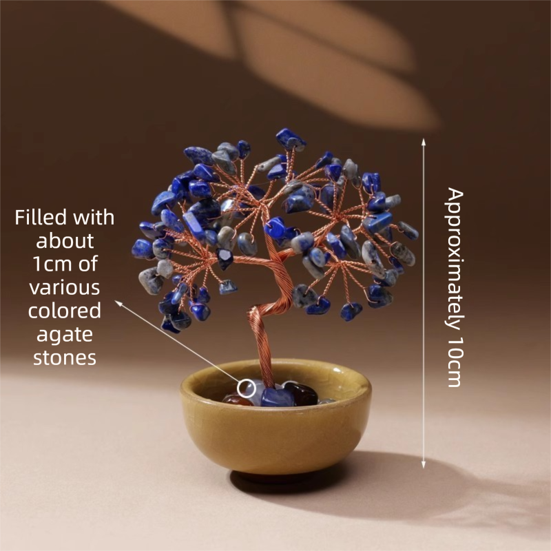 Natural Blue Crystal Money Tree with Agate Basin & Adjustable Wire Branches - Desktop Feng Shui Decor for Wealth and Prosperity - Image 1