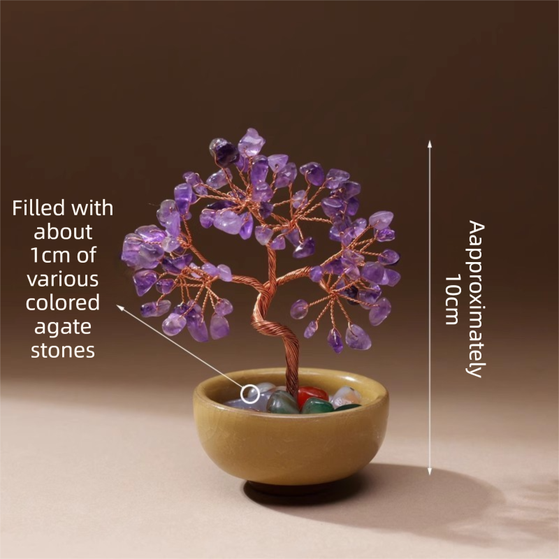 Natural Purple Crystal Money Tree with Agate Basin & Adjustable Wire Branches - Desktop Feng Shui Decor for Wealth and Prosperity - Image 1