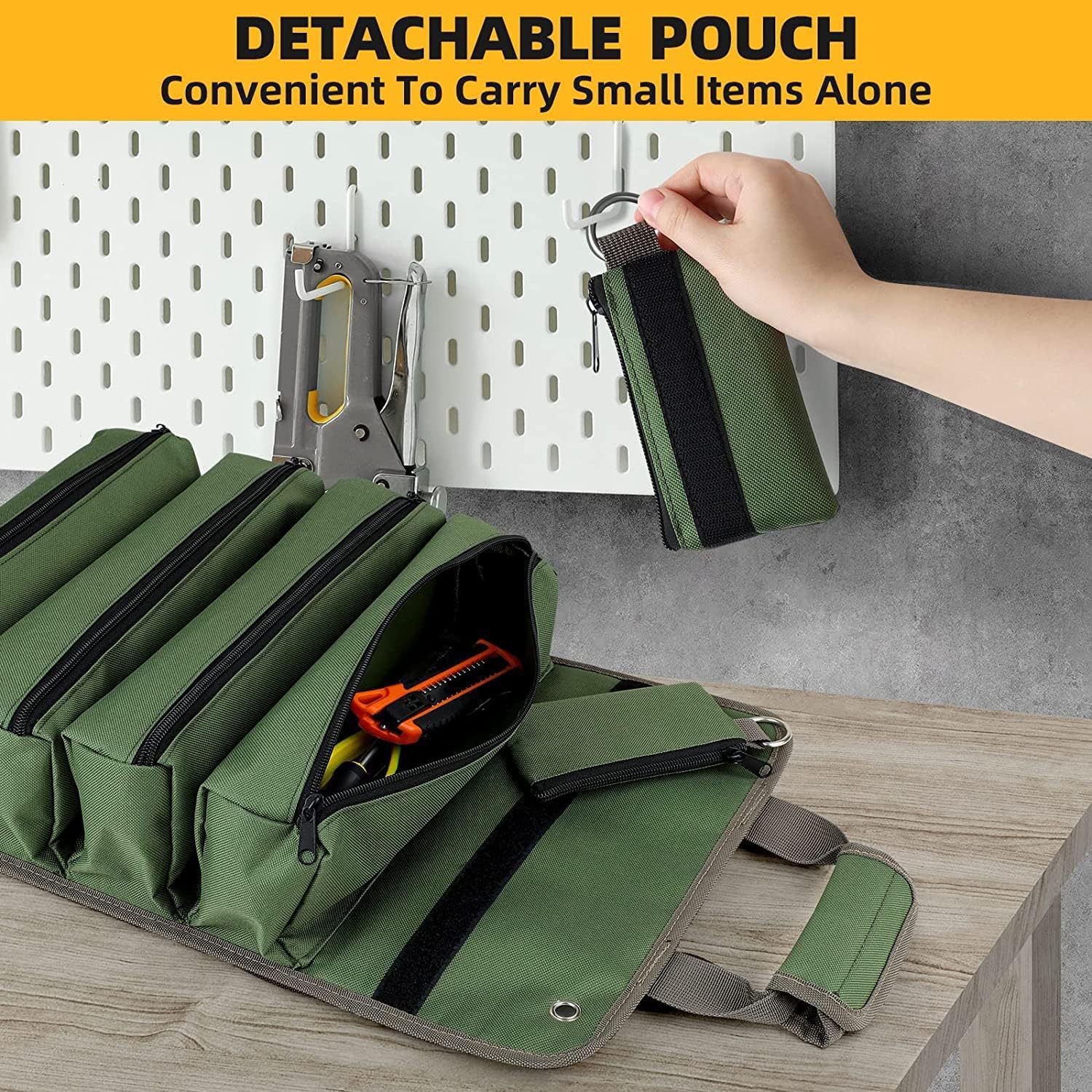 Green Heavy-Duty Oxford Cloth Roll-Up Tool Organizer - Detachable Multi-Purpose Utility Bag for Mechanics, Electricians & Outdoors - Image 2