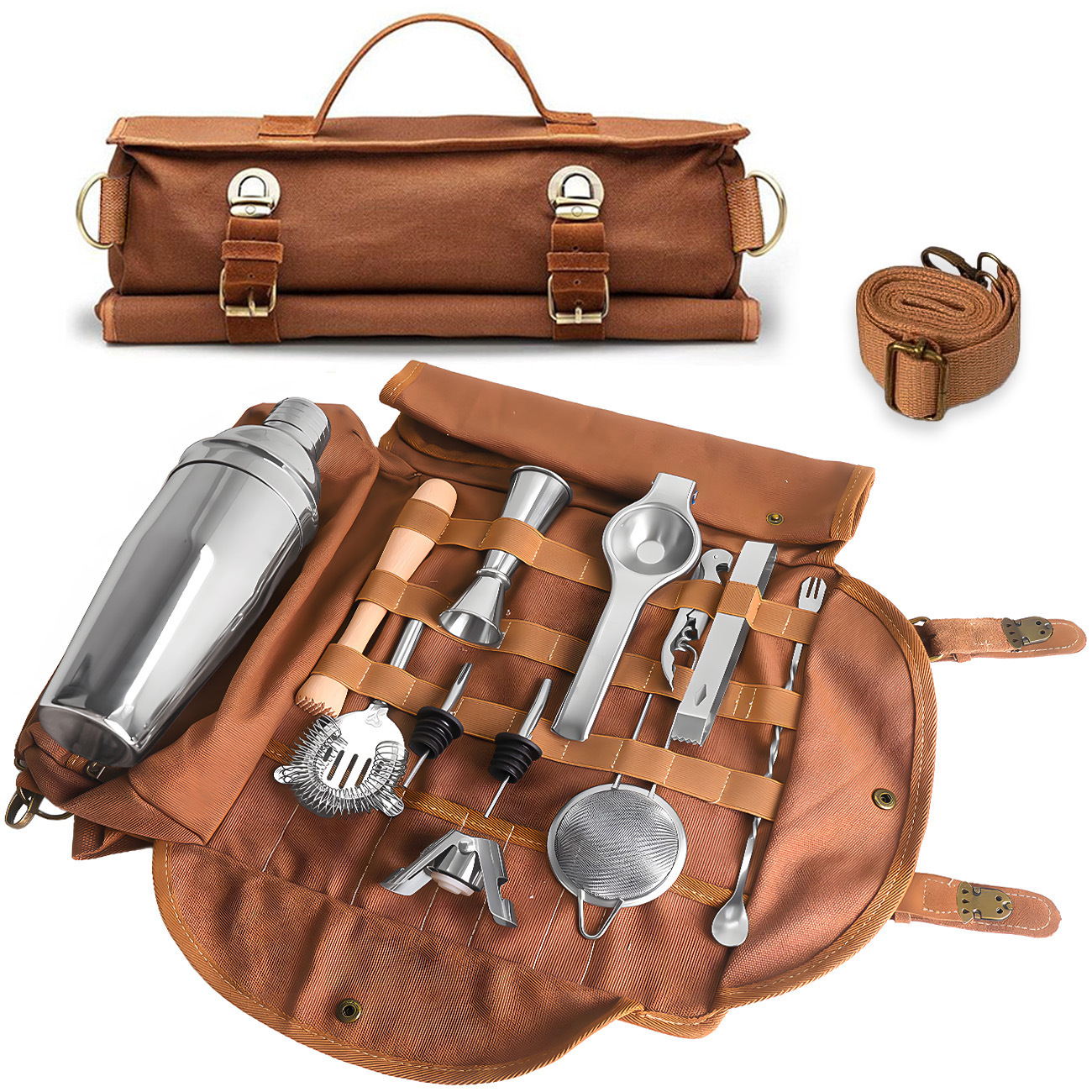 Blue Professional Bartender Kit Travel Bag - Durable Canvas Tool Organizer and Bar Briefcase with Metal Buckles (45x35cm) - Image 2