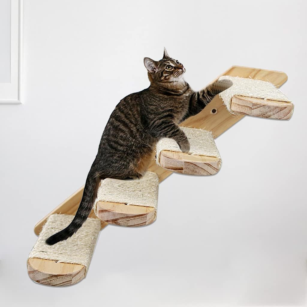 4-Tier Solid Wood Wall-Mounted Cat Climbing Ladder - Vertical Jumping Steps for Indoor Cats with Installation Kit - Image 1