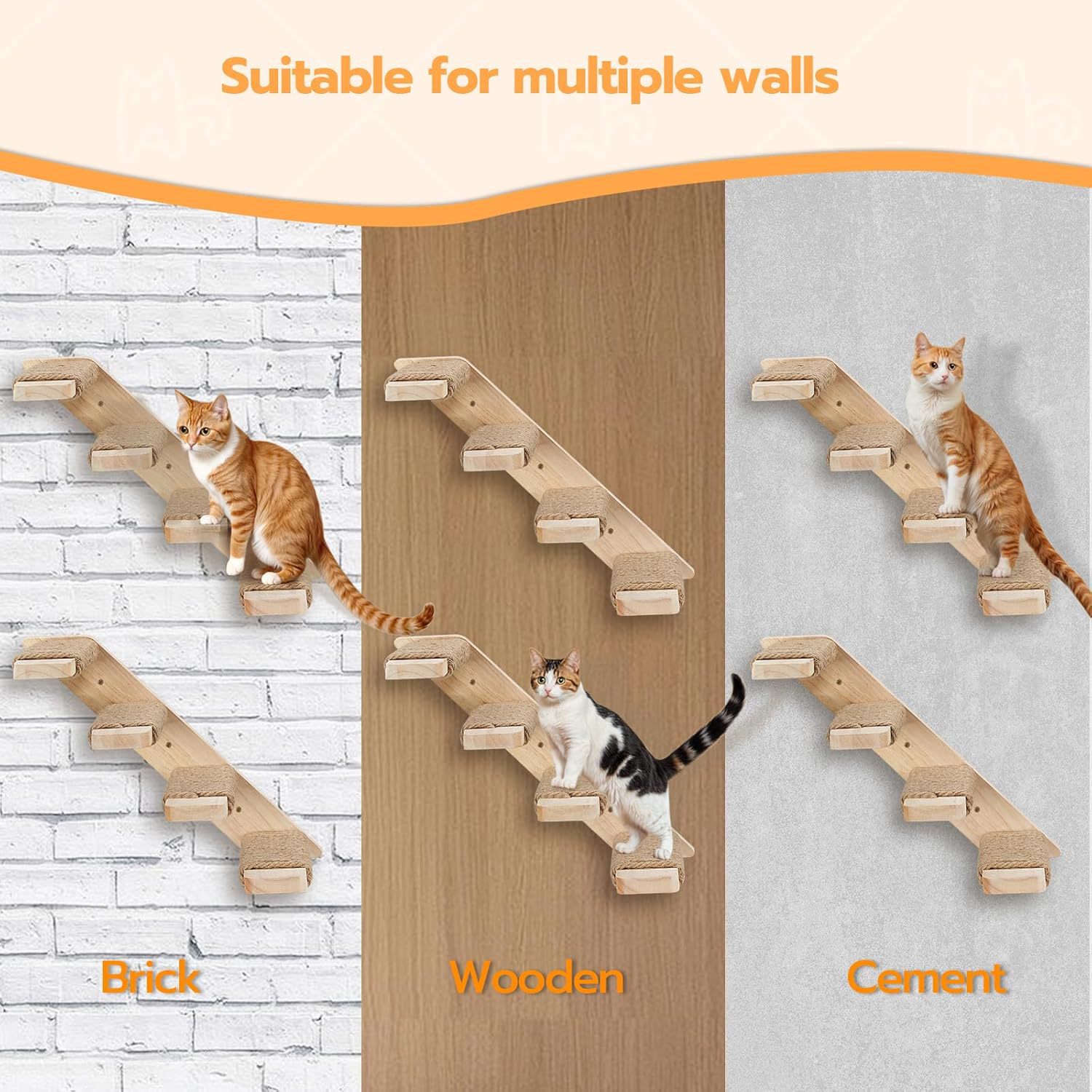 4-Tier Solid Wood Wall-Mounted Cat Climbing Ladder - Vertical Jumping Steps for Indoor Cats with Installation Kit - Image 2
