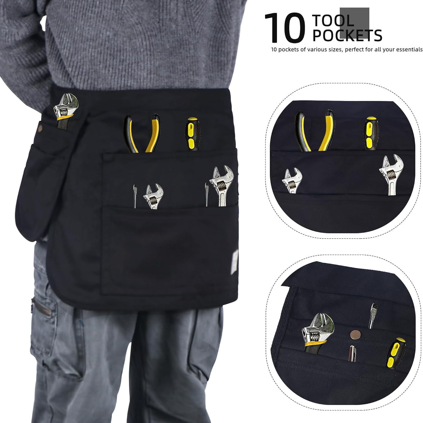 Black 10-Pocket Multi-Purpose Half-Body Utility Apron - Heavy-Duty Organizer Belt for Gardening, Makeup & Hardware - Image 1