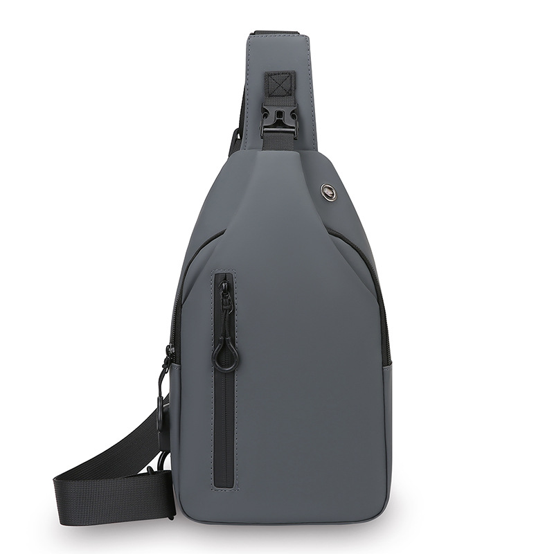 Grey Waterproof Unisex Chest Bag with USB Charging & Headphone Port  - 3-Layer Large Capacity PU Leather Crossbody Bag - Image 1