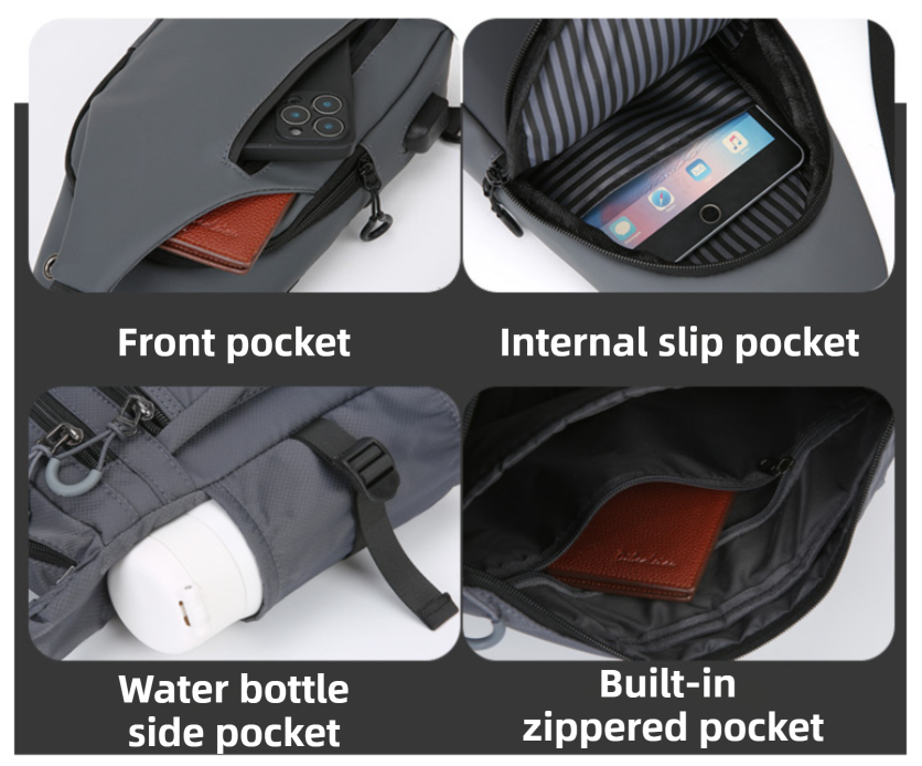 Grey Waterproof Unisex Chest Bag with USB Charging & Headphone Port  - 3-Layer Large Capacity PU Leather Crossbody Bag - Image 2
