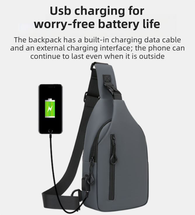 Grey Waterproof Unisex Chest Bag with USB Charging & Headphone Port  - 3-Layer Large Capacity PU Leather Crossbody Bag - Image 3
