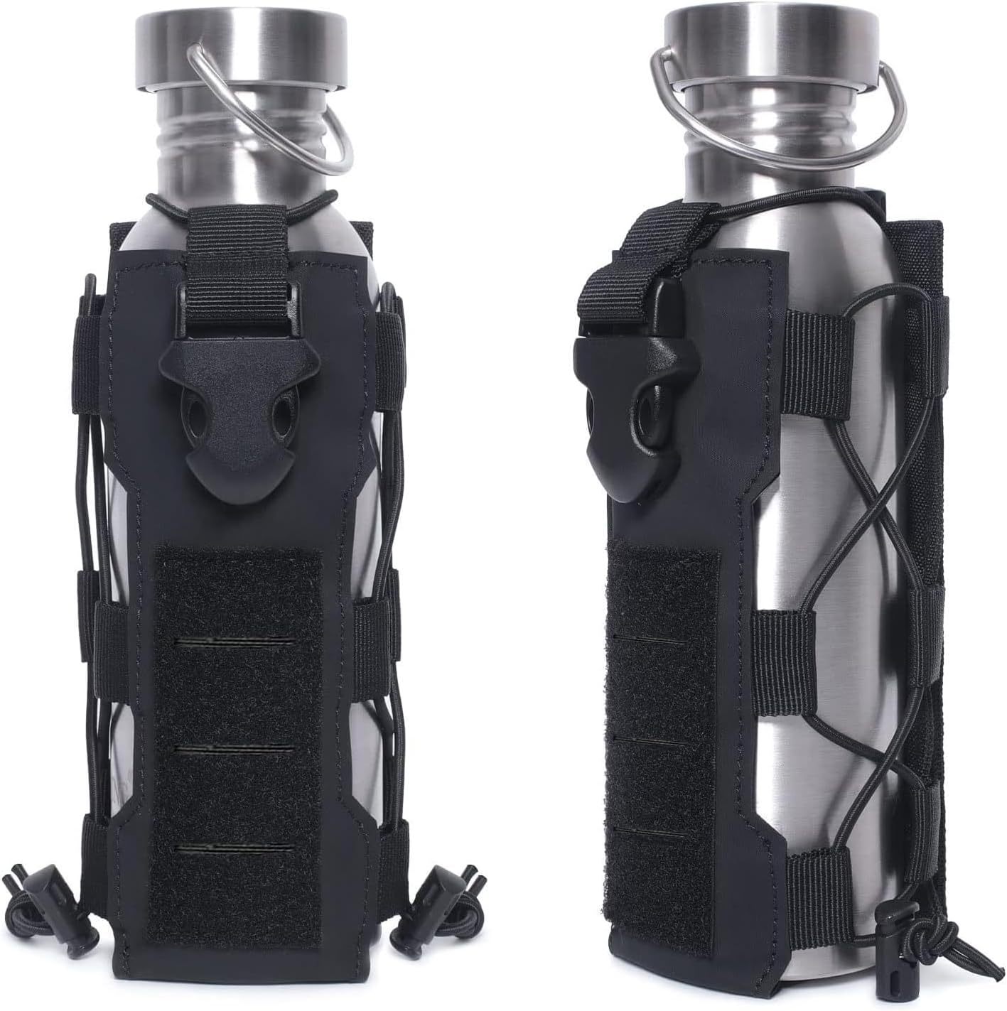 Black Adjustable Tactical Water Bottle Pouch - Multi-Functional MOLLE Compatible Accessory Bag for Hiking & Outdoor Survival - Image 1