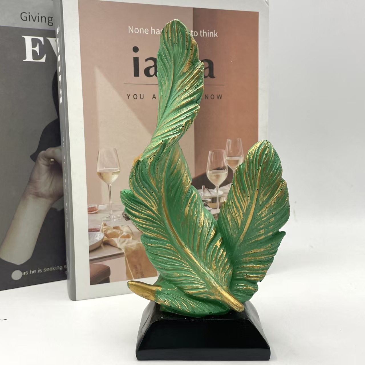 Green Luxury Artistic Resin Dual Feather Sculpture - Elegant Minimalist Home Decor for Entryway Living Room & Gallery Styling - Image 1
