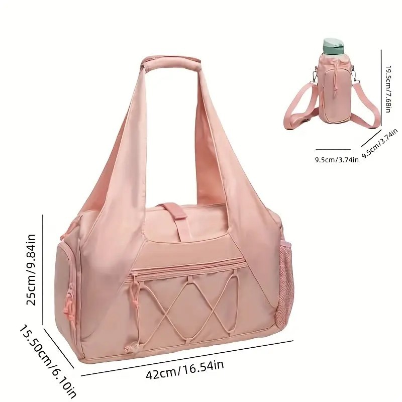 Pink High-Capacity Yoga Gym Duffel Set with Bonus Bottle Phone Pouch, Separate Shoe Compartment & Yoga Mat Strap - Image 4