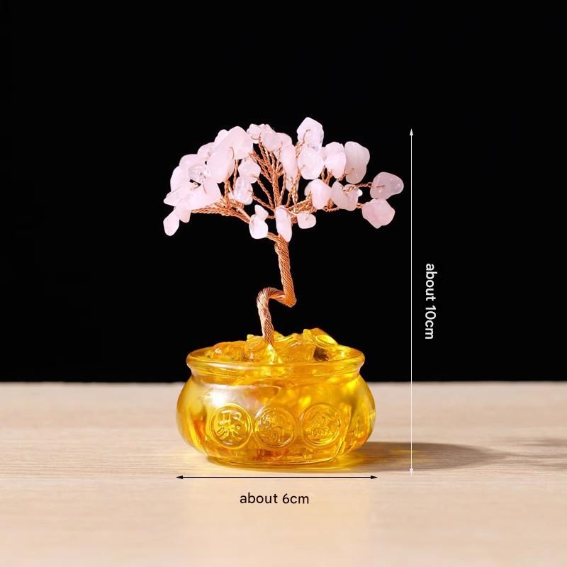 Natural Pink Crystal Money Tree with Fortune Basin & Adjustable Wire Branches - Desktop Feng Shui Decor for Wealth and Prosperity - Image 1