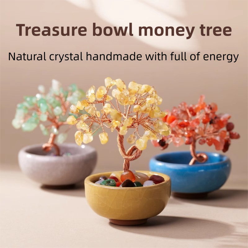 Natural Pink Crystal Money Tree with Fortune Basin & Adjustable Wire Branches - Desktop Feng Shui Decor for Wealth and Prosperity - Image 2