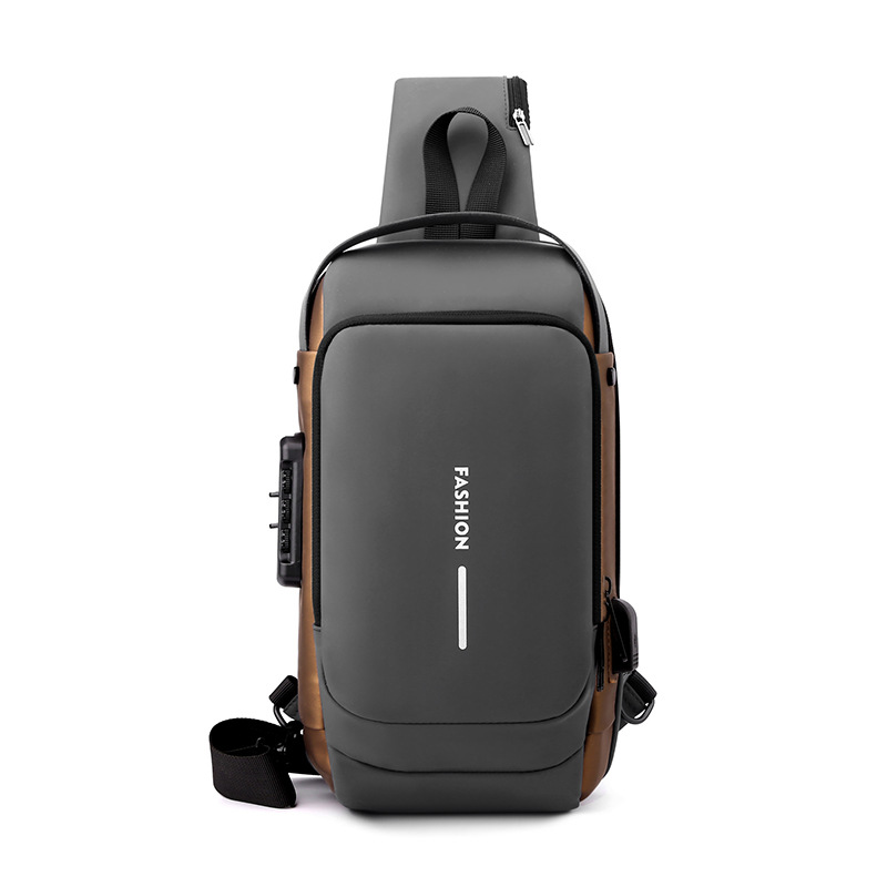 Grey Gold High Capacity Anti-Theft Tactical Chest Bag - Waterproof Leather-Film Sling with USB Charging & TSA Password Lock - Image 1