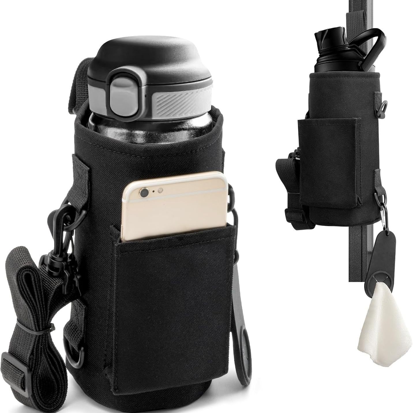 Black Magnetic Gym Water Bottle Pouch & Towel Clip with 6 High-Strength Magnets and Adjustable Strap - Fits 18oz to 40oz - Image 1