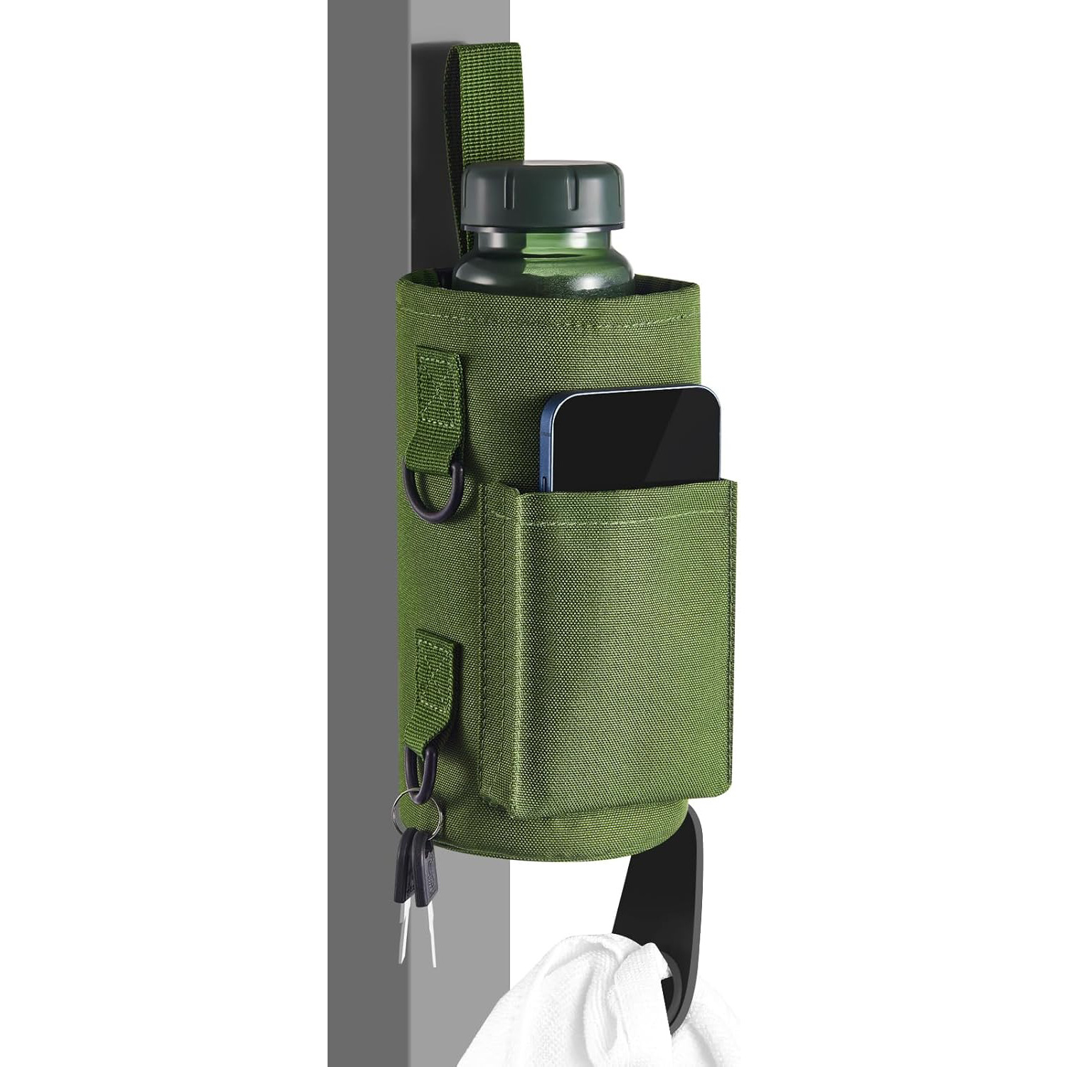 Green Magnetic Gym Water Bottle Pouch & Towel Clip with 6 High-Strength Magnets and Adjustable Strap - Fits 18oz to 40oz - Image 1
