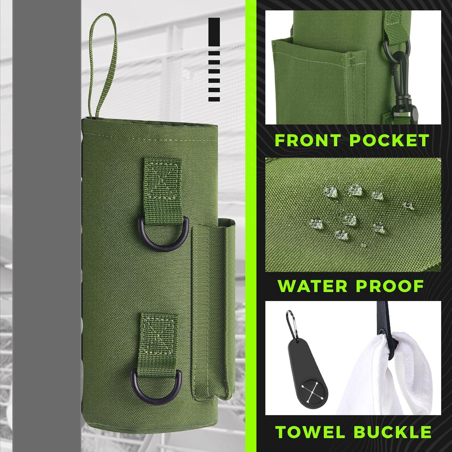 Green Magnetic Gym Water Bottle Pouch & Towel Clip with 6 High-Strength Magnets and Adjustable Strap - Fits 18oz to 40oz - Image 2