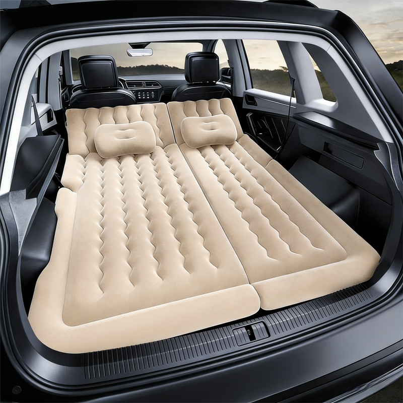 Beige Multi-Chamber Car Inflatable Air Mattress with Electric Pump, Storage Bag & Pillows for Universal Trunk Sleeping and Camping (174 x 126 CM) - Image 1