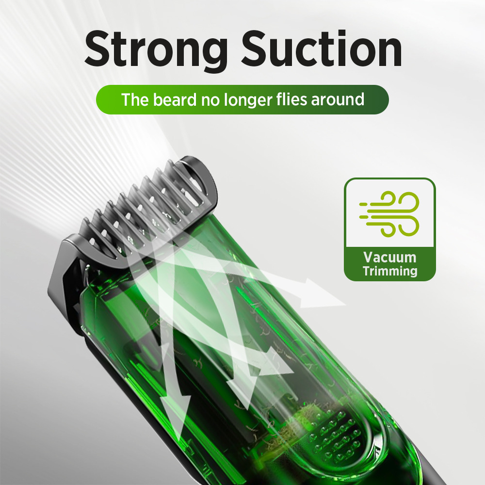 Green Beard & Hair Trimmer with Strong Vacuum Suction and Digital Display - Waterproof Rechargable Electric Clipper - Image 2