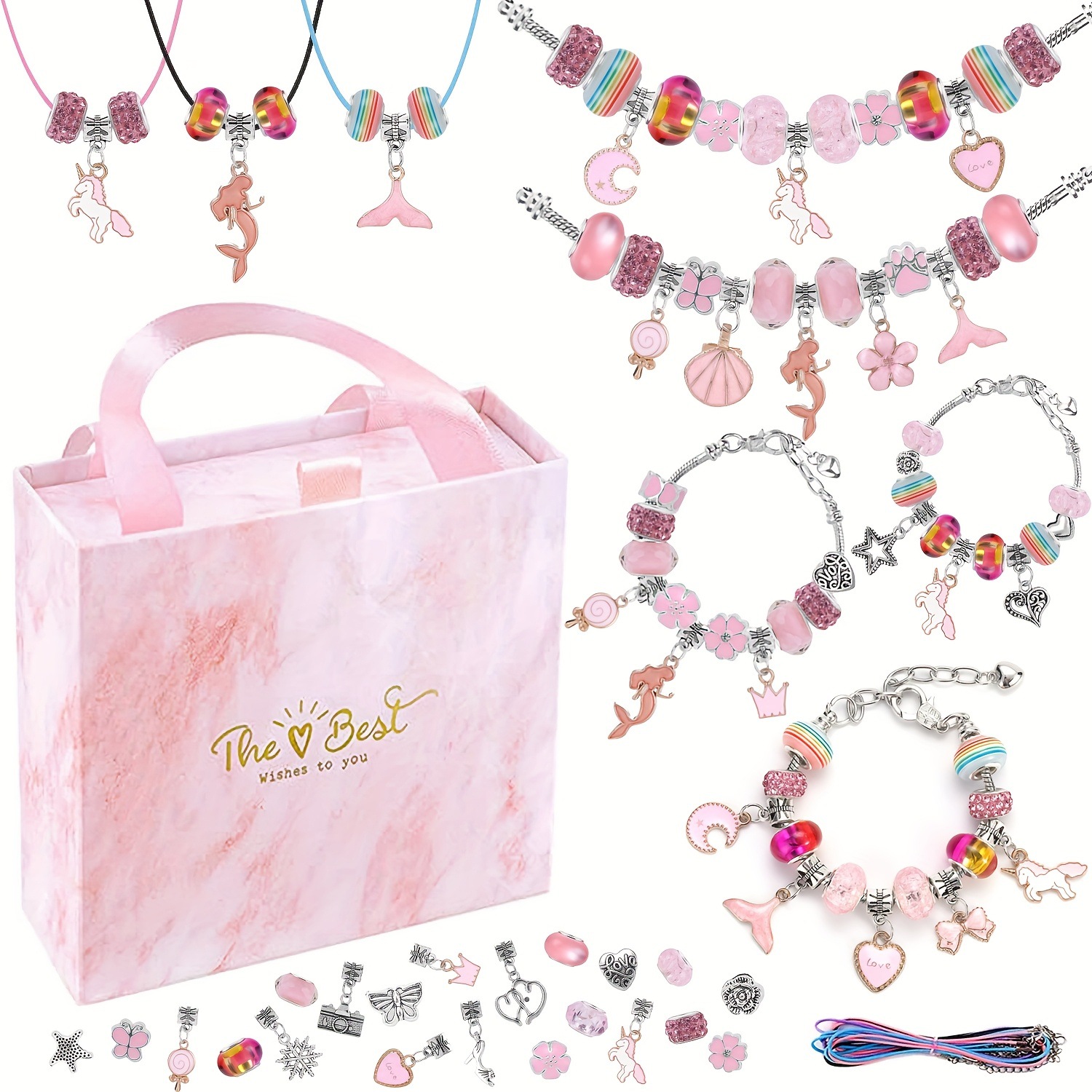 67PCS Pink DIY Charm Necklace & Bracelet Making Kit - Creative Jewelry Craft Set with Colorful Drip Oil Pendants & Metal Beads - Image 1