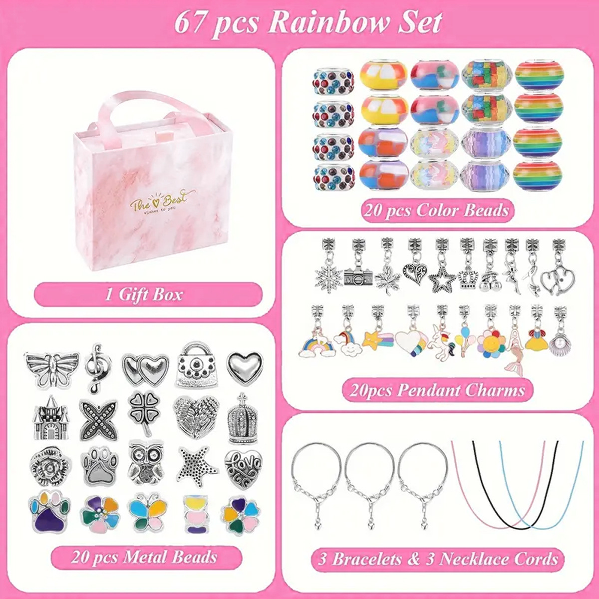 67PCS Pink DIY Charm Necklace & Bracelet Making Kit - Creative Jewelry Craft Set with Colorful Drip Oil Pendants & Metal Beads - Image 2