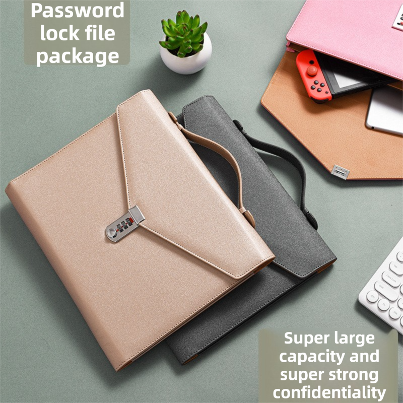 Black Anti-Theft Document Organizer with Secure Password Lock - Waterproof PU Leather Confidential File Bag - Image 2