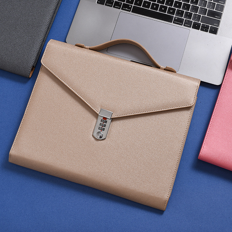 Champagne Anti-Theft Document Organizer with Secure Password Lock - Waterproof PU Leather Confidential File Bag - Image 1