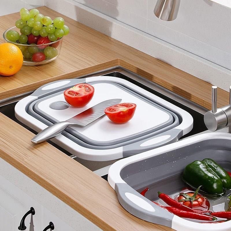 3-in-1 Grey Collapsible Cutting Board & Drain Basin & Storage Tub - Portable Multifunctional Food Grade Storage Basket(37x27x12cm) - Image 1