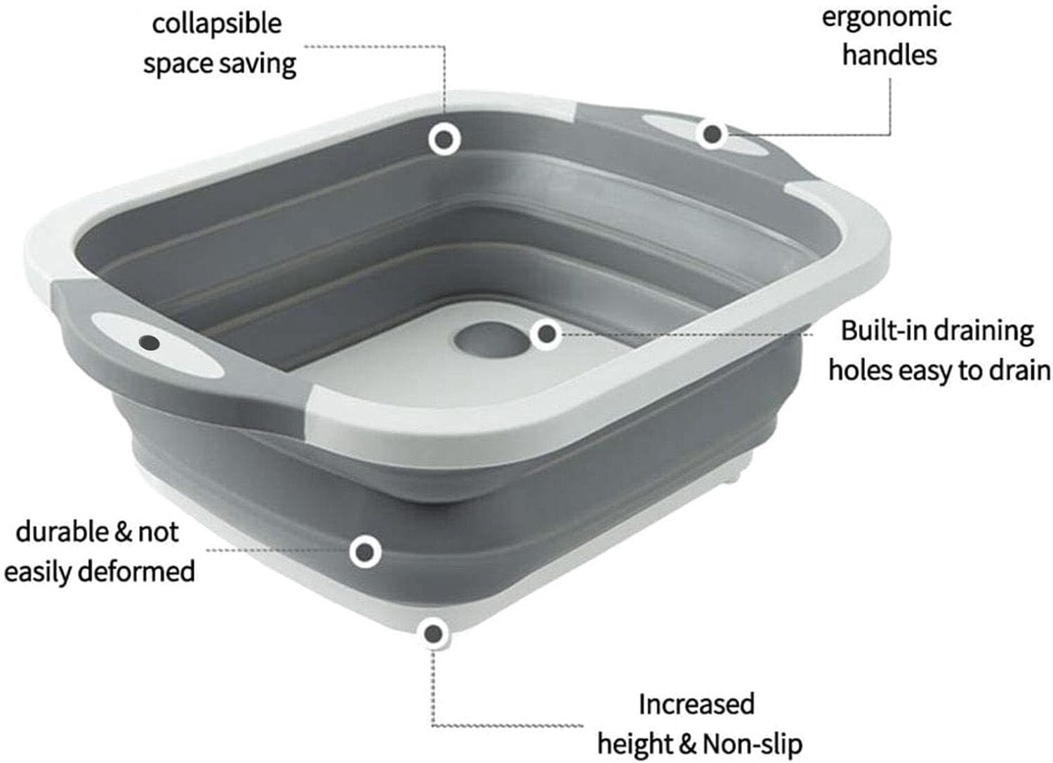 3-in-1 Grey Collapsible Cutting Board & Drain Basin & Storage Tub - Portable Multifunctional Food Grade Storage Basket(37x27x12cm) - Image 2