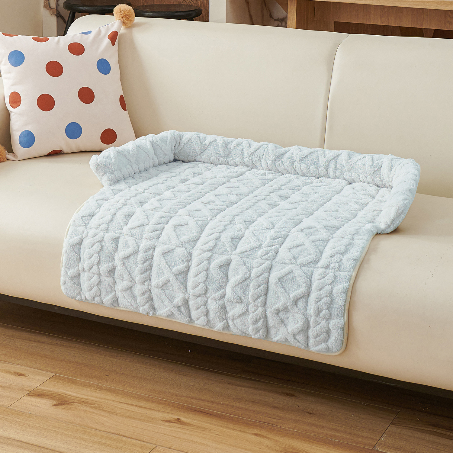 Blue Pet Sofa Protector & Calming Bolster Bed with Cable Knit - 75x75CM Thickened Non Slip Furniture Cover for Cats & Dogs - Image 1
