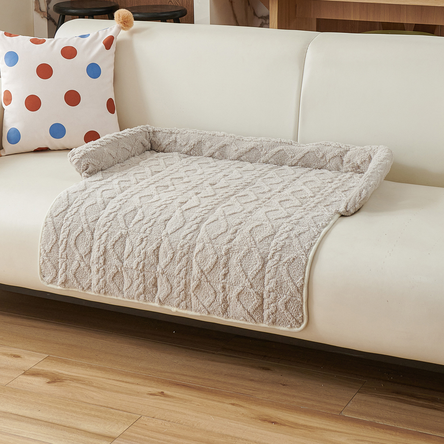 Light Grey Pet Sofa Protector & Calming Bolster Bed with Cable Knit - 75x75CM Thickened Non Slip Furniture Cover for Cats & Dogs - Image 1
