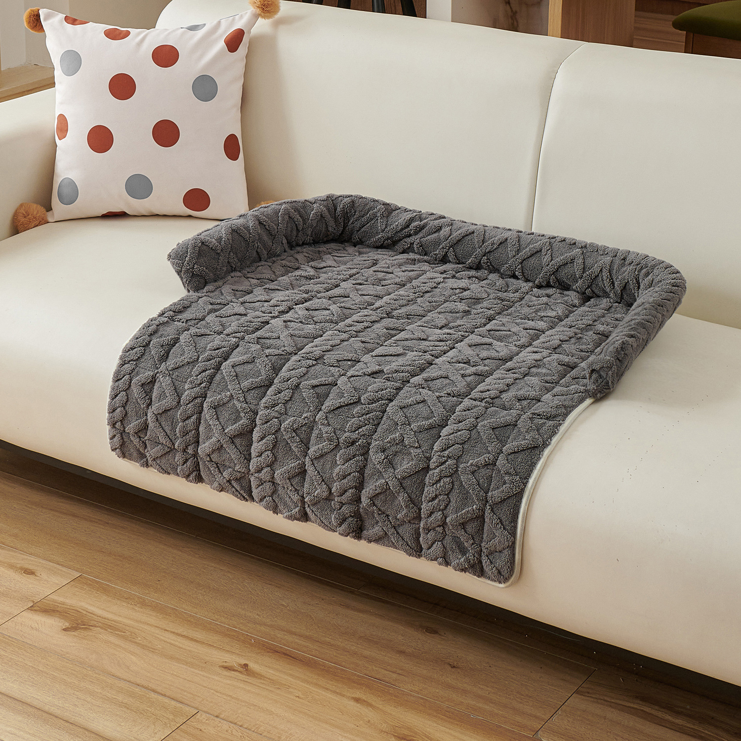 Dark Grey Pet Sofa Protector & Calming Bolster Bed with Cable Knit - 75x75CM Thickened Non Slip Furniture Cover for Cats & Dogs - Image 1