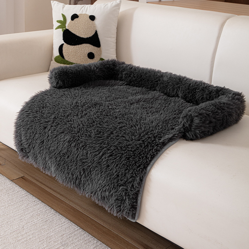 Black Pet Sofa Protector & Calming Bolster Bed with Long Plush - 75x75CM Thickened Non Slip Furniture Cover for Cats & Dogs - Image 1