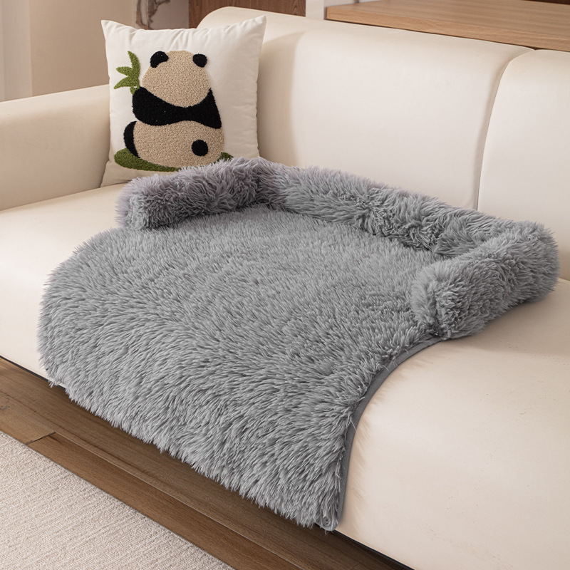 Grey Pet Sofa Protector & Calming Bolster Bed with Long Plush - 75x75CM Thickened Non Slip Furniture Cover for Cats & Dogs - Image 1