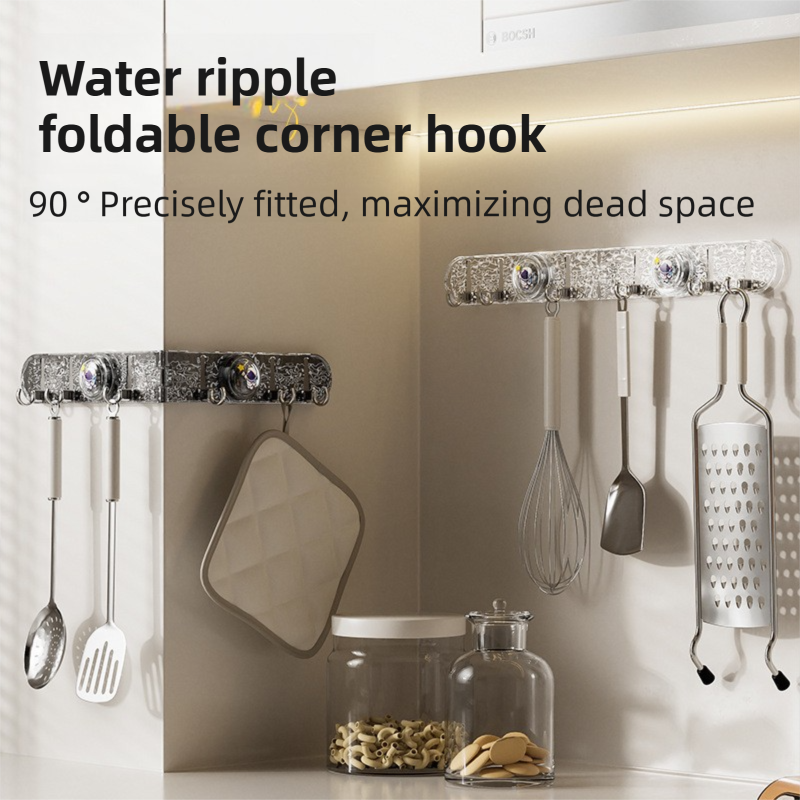 2-Pack 180°Foldable Hidden Hook Rail with Reusable Suction Cup - Waterproof Water Ripple Rack for Bathroom & Kitchen (Black-Transparency) - Image 2