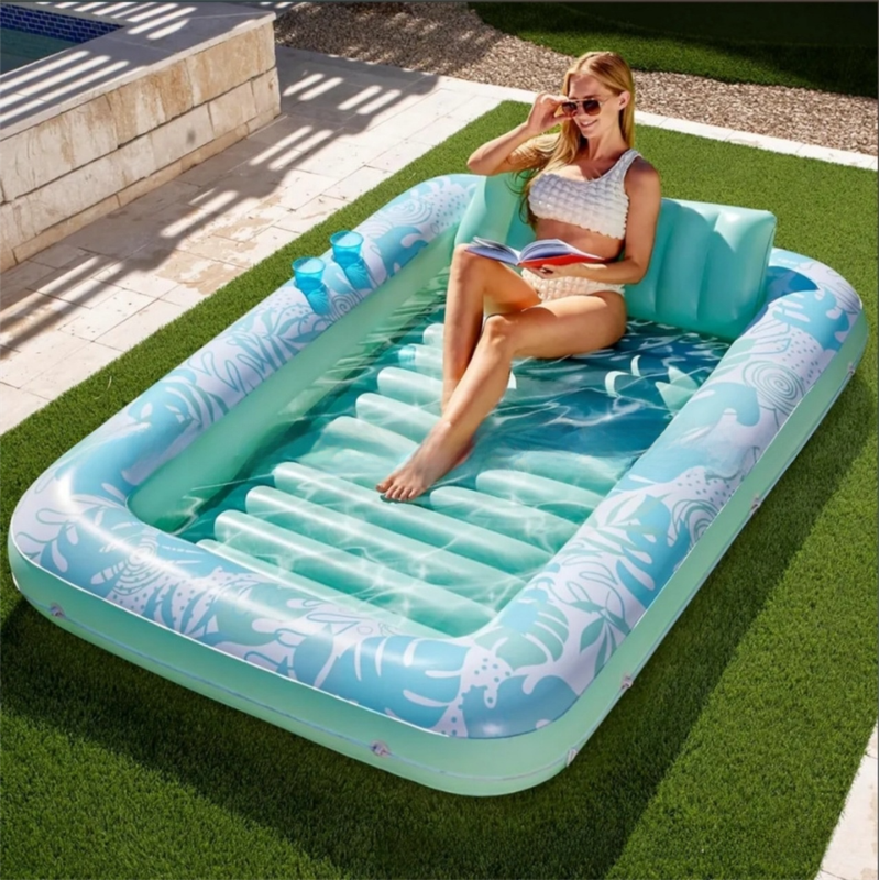 180x118CM Green Deluxe Inflatable Suntan Tub & Floating Pool Lounger with Dual Integrated Cup Holders and Pillow - Portable Sunbathing Pool for Lawn & Water - Image 1
