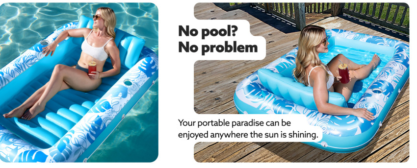 180x118CM Green Deluxe Inflatable Suntan Tub & Floating Pool Lounger with Dual Integrated Cup Holders and Pillow - Portable Sunbathing Pool for Lawn & Water - Image 3
