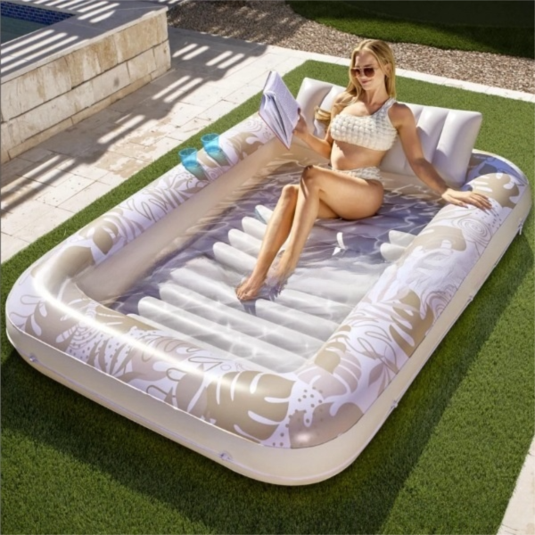 180x118CM Gold Deluxe Inflatable Suntan Tub & Floating Pool Lounger with Dual Integrated Cup Holders and Pillow - Portable Sunbathing Pool for Lawn & Water - Image 1