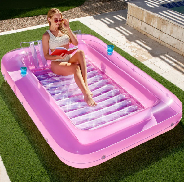 180x118CM Pink Transparent Inflatable Suntan Tub & Floating Pool Lounger with Dual Integrated Cup Holders and Pillow - Portable Sunbathing Pool for Lawn & Water - Image 1