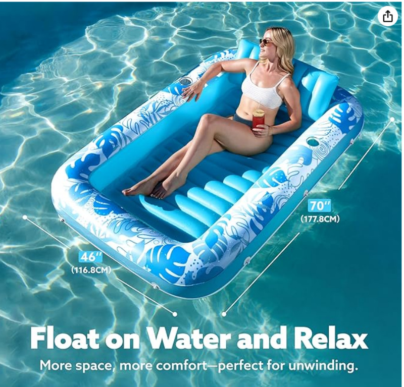 180x118CM Blue Transparent Inflatable Suntan Tub & Floating Pool Lounger with Dual Integrated Cup Holders and Pillow - Portable Sunbathing Pool for Lawn & Water - Image 2
