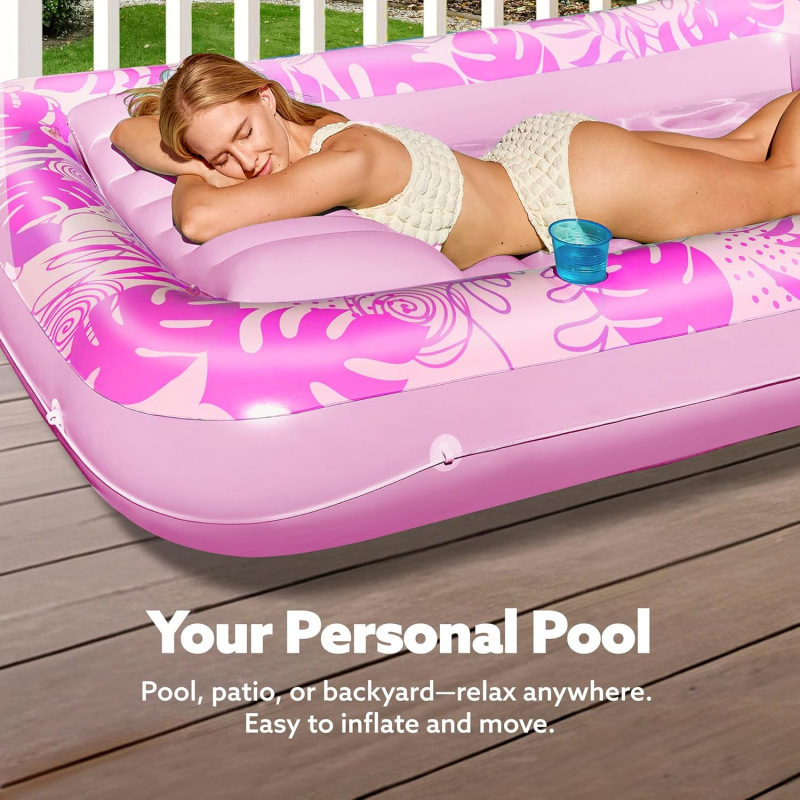 180x118CM Blue Transparent Inflatable Suntan Tub & Floating Pool Lounger with Dual Integrated Cup Holders and Pillow - Portable Sunbathing Pool for Lawn & Water - Image 4