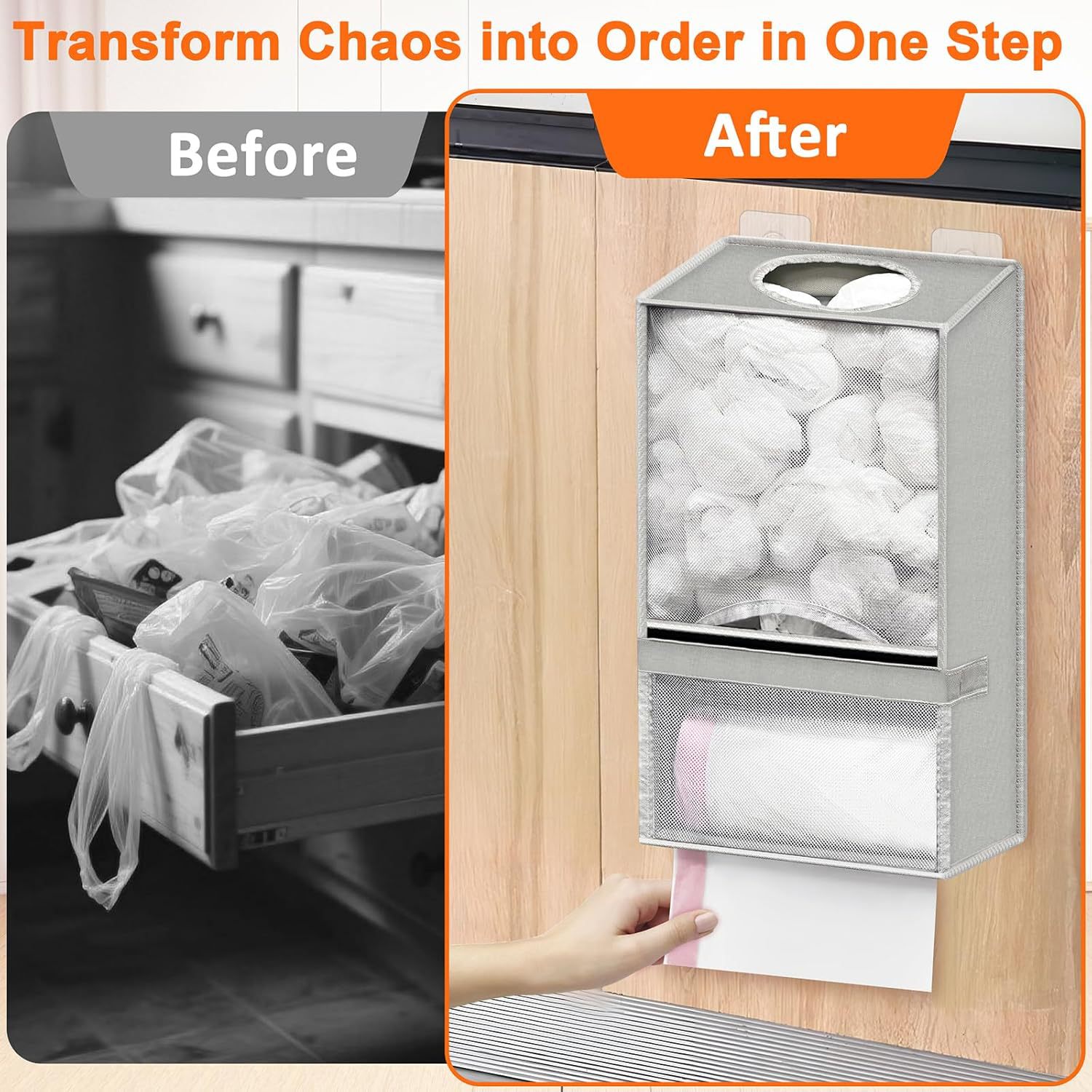 2-in-1 Black Kitchen Plastic Bag & Trash Bag Roll Dispenser(2 Pack) - Hanging Grocery & Produce Bag Organizer (17.5x9.9x5.8 inch) - Image 3
